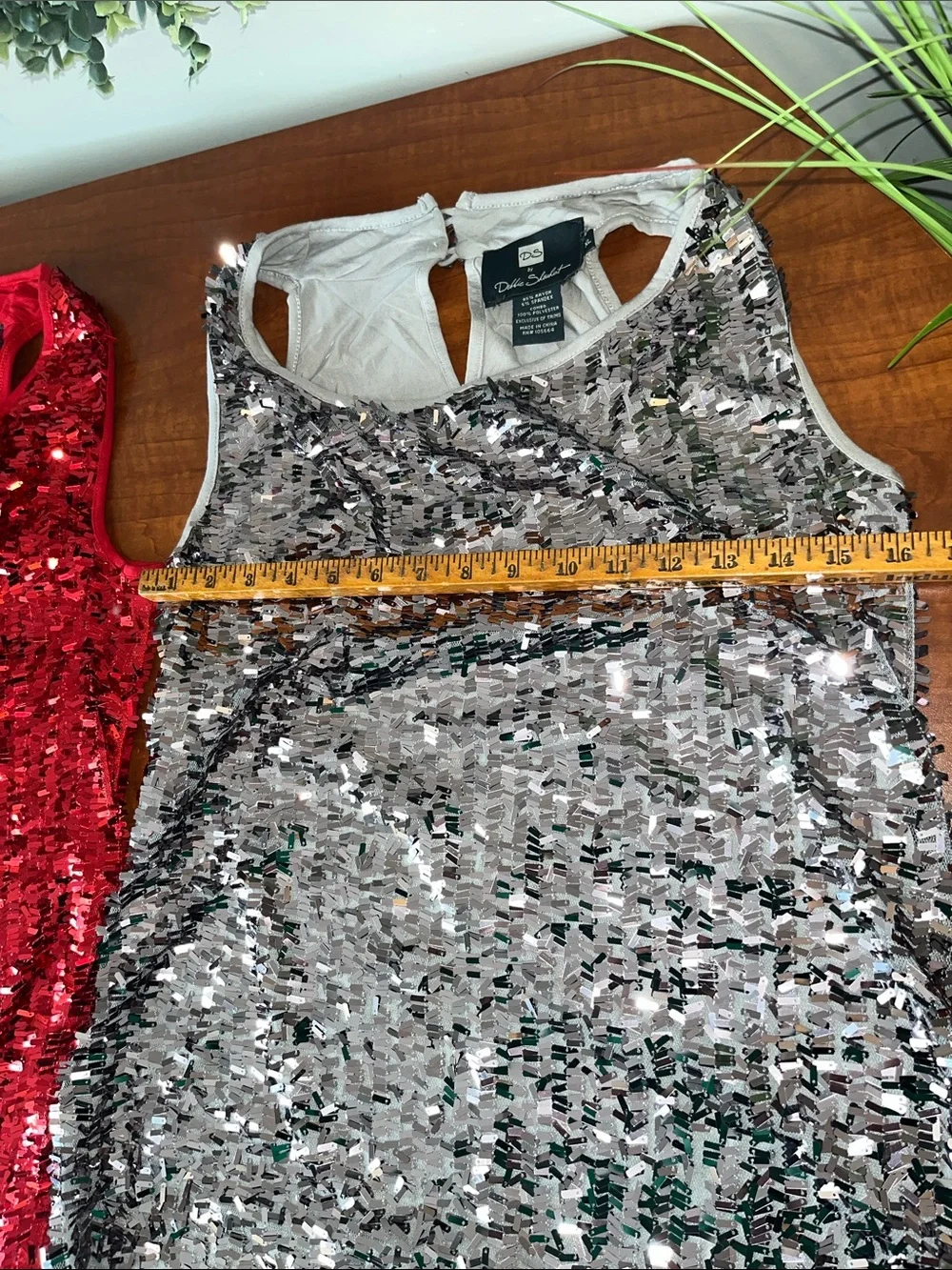 BOTH Sequin Party Tops Red & Silver Confetti Sequins Club Wear Drape Neck - Picture 4 of 15